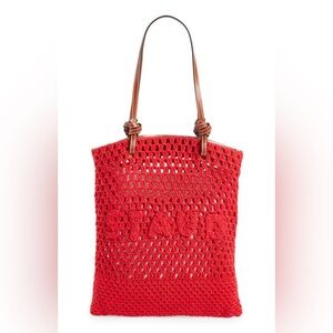 NWT STAUD Crochet Porte Handmade Tote Tomato Red Brown Leather Trim Shoulder Bag